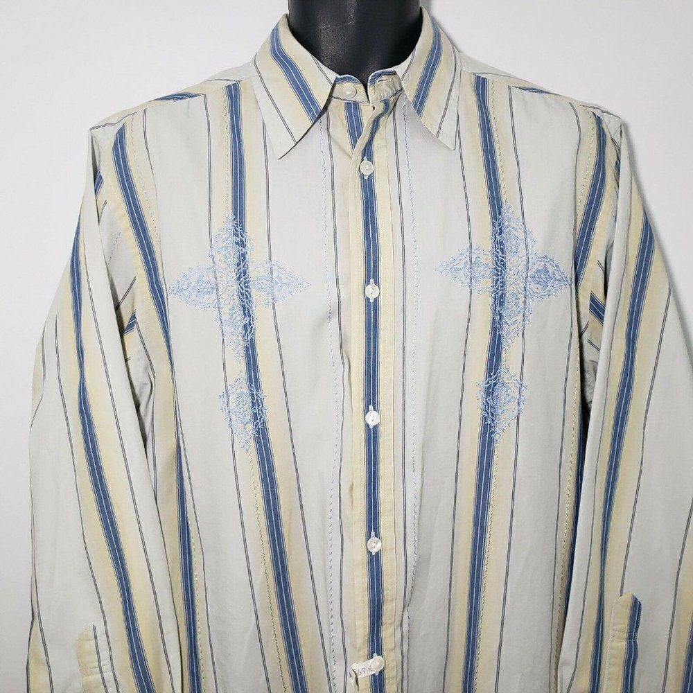 Guess Mens Striped Long Sleeve Shirt L Button Front Blue Yellow Embroidered